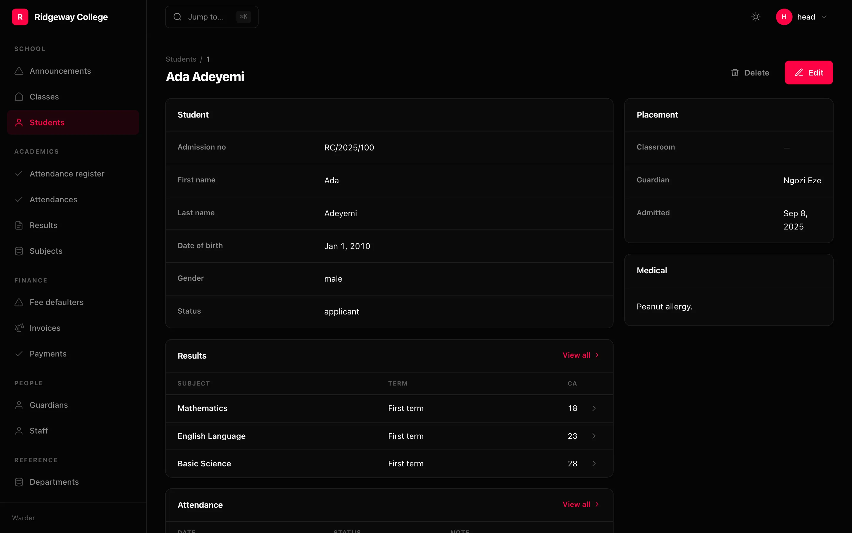 A detail page